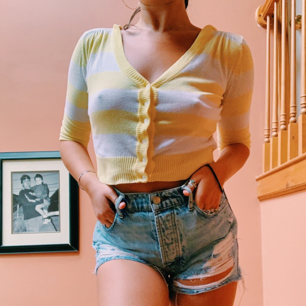 White and Yellow Striped Cropped Sweater